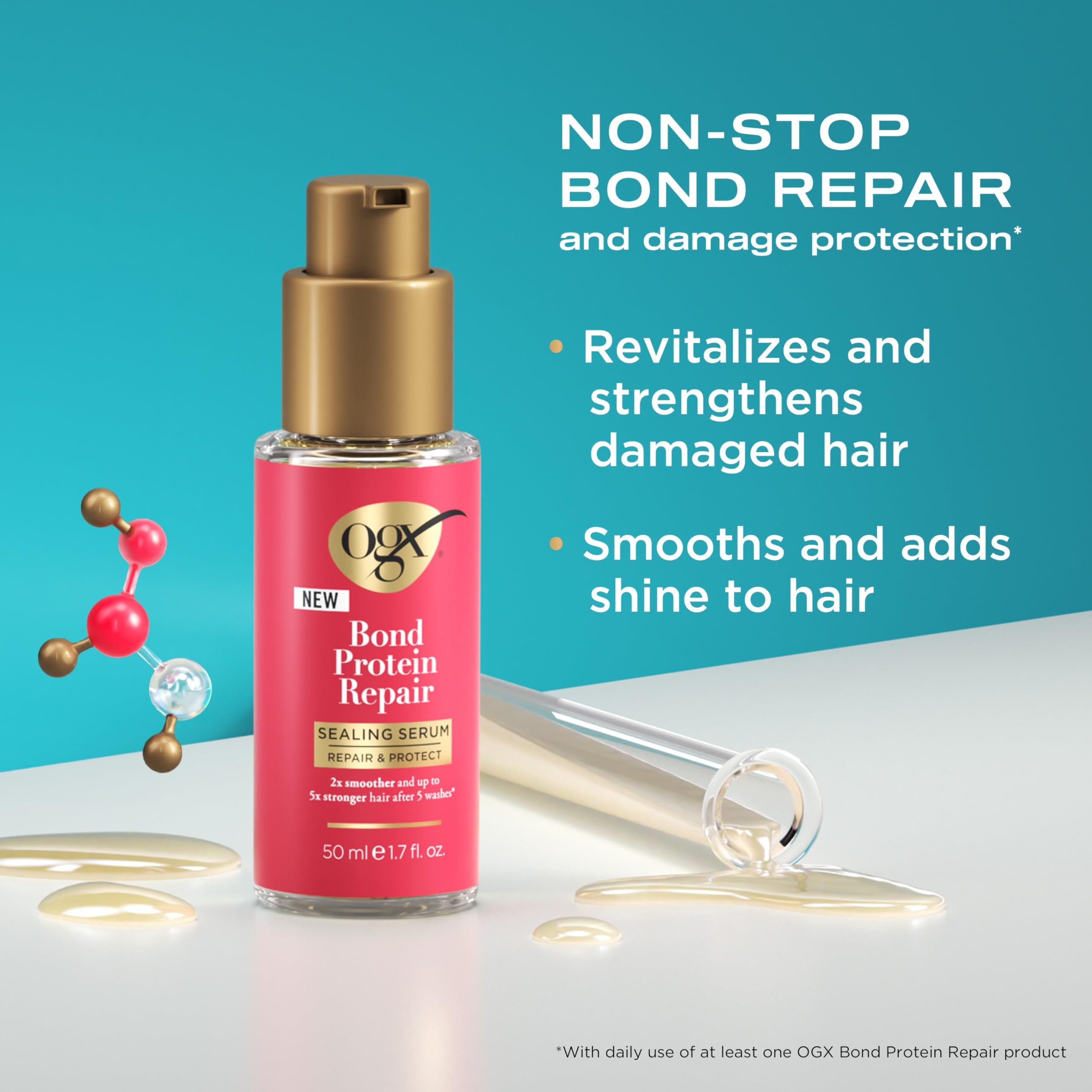 OGX Repair & Protect Bond Protein Repair Sealing Hair Serum, Sealing Hair Serum Helps Revitalize Damaged Hair for Softer, Smoother, & Stronger Hair, 1.7 fl. oz